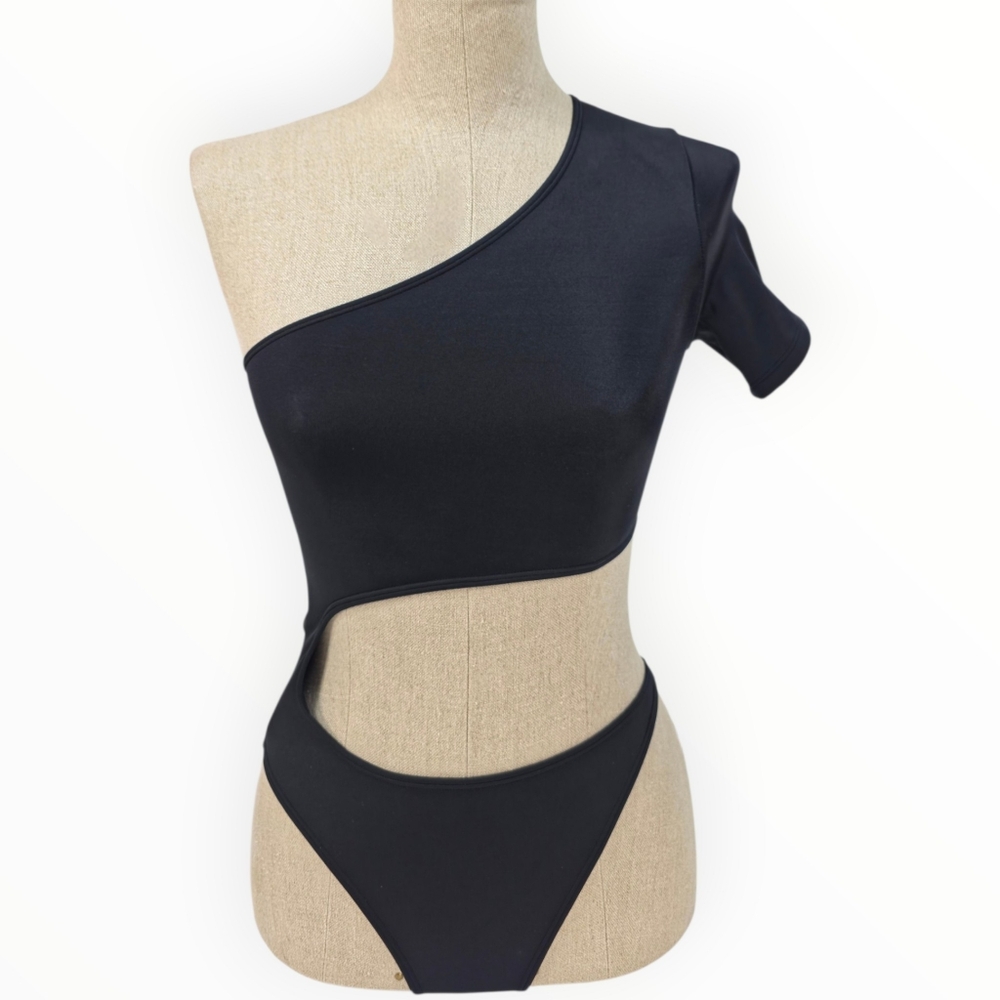 ALO Yoga Body Wave One Piece Bodysuit XXS Black One Shoulder Cutout Stretch